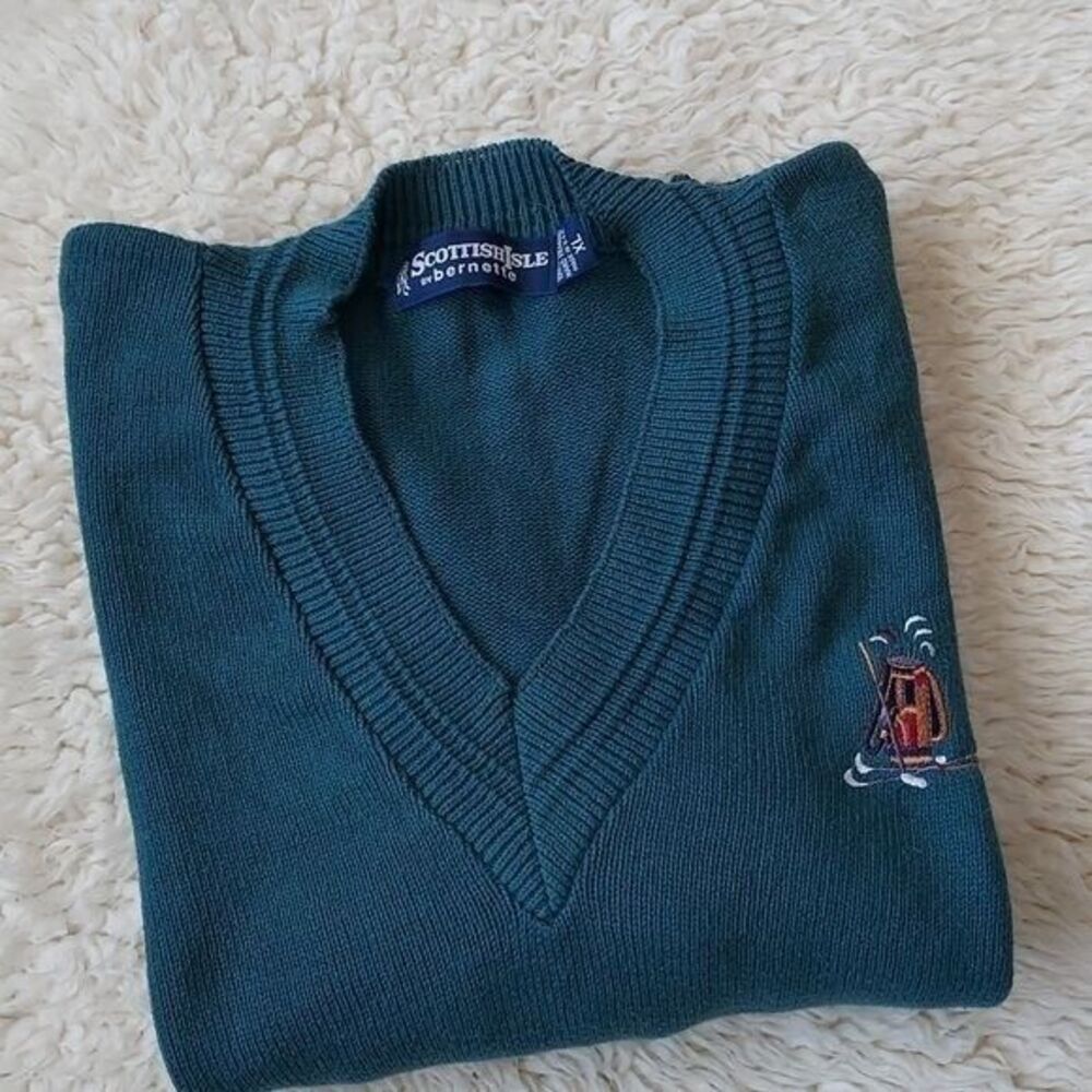 Scottish Isle By Bernette Men's XL Sweater V Neck Green Golf Golfing Embroidery